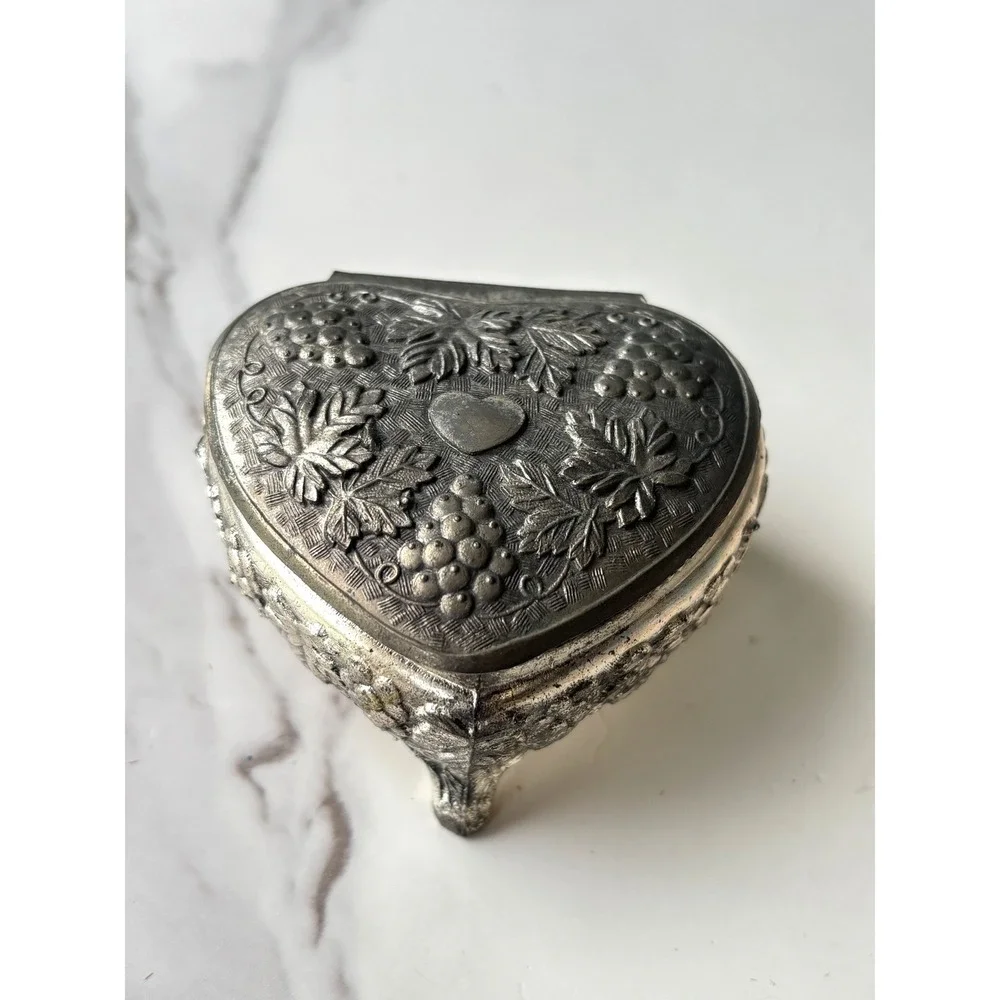 Vintage Heart Shaped Silver Tone Footed Trinket Box Embossed Grape Vine Red
